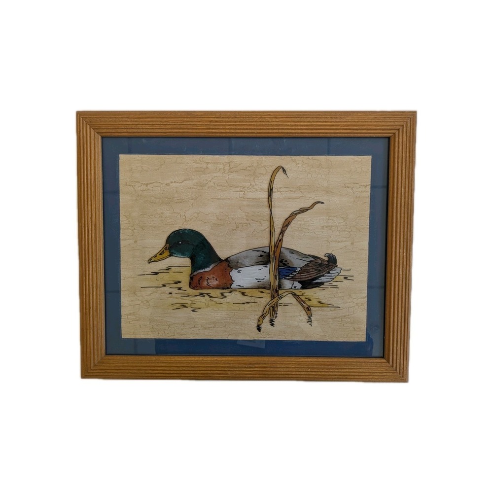 Original Mallard Duck Artwork Framed Wildlife Art Rustic Cabin Lodge Decor 15x13